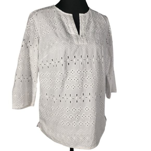 Talbots White Eyelet Tunic Women's Top Notch V-neck Cotton Relaxed Popover - Picture 1 of 7